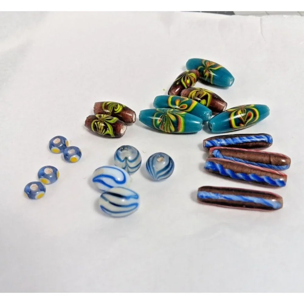 20 Glass Lampwork Beads Lot Mixed Swirls Blue White Red Wide Hole Used Vintage